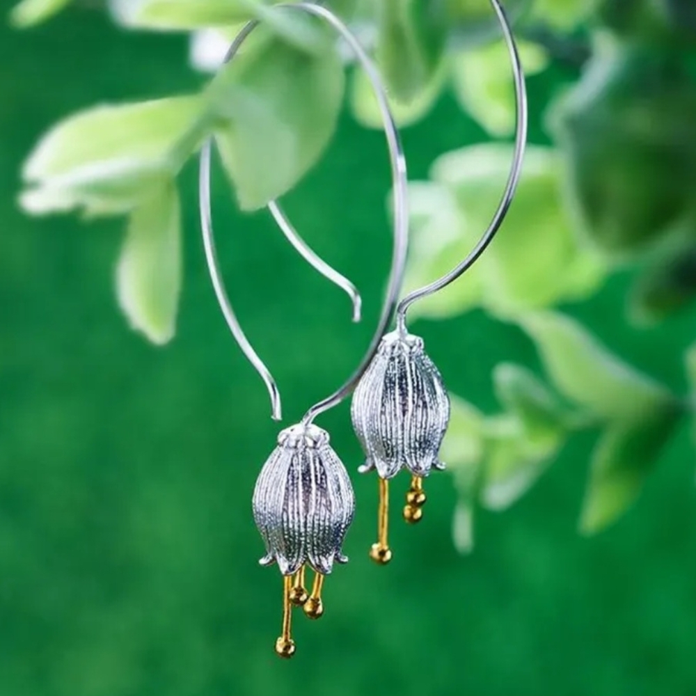 Bell Flower Hoop Earrings, Sterling Silver and 18k Gold